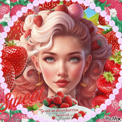 portrait femme-saison des fraises 🌿🌺 - GIF เคลื่อนไหวฟรี