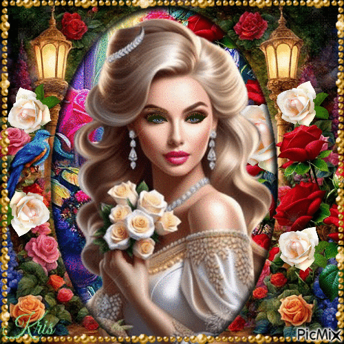 Belle femme parmi les roses - Δωρεάν κινούμενο GIF