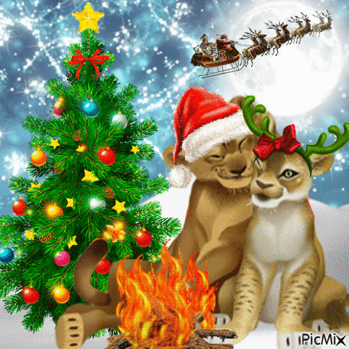 Merry Christmas from Simba and Nala 2019 - Gratis animerad GIF