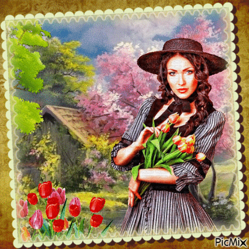 Женщина с тюльпанами - Безплатен анимиран GIF