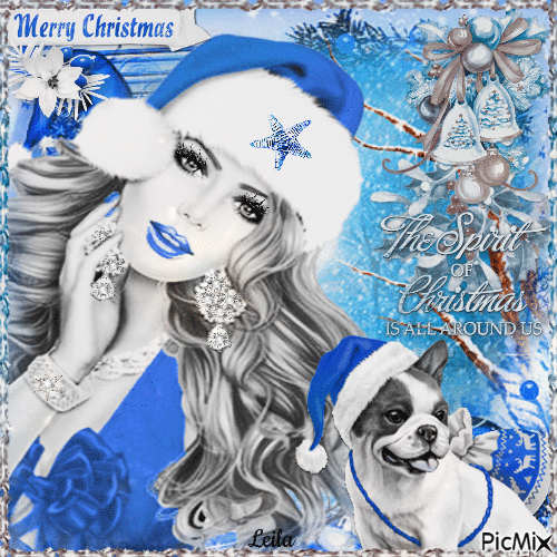 Merry Christmas. Woman, dog, blue hat - GIF animasi gratis