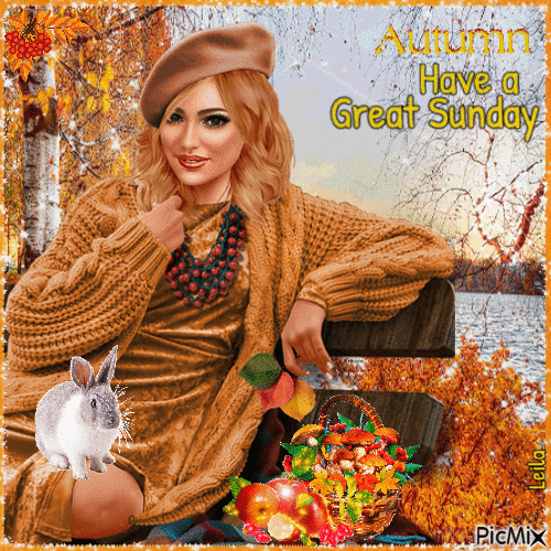 Autumn. Have a Great Sunday. Woman, rabbit - Ingyenes animált GIF