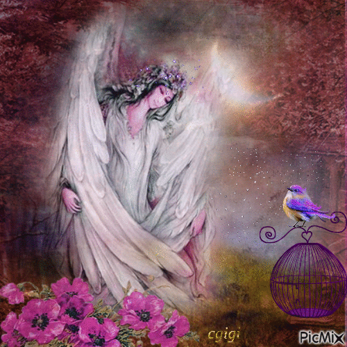 l'ange aime l'oiseau art fantasie - GIF animé gratuit