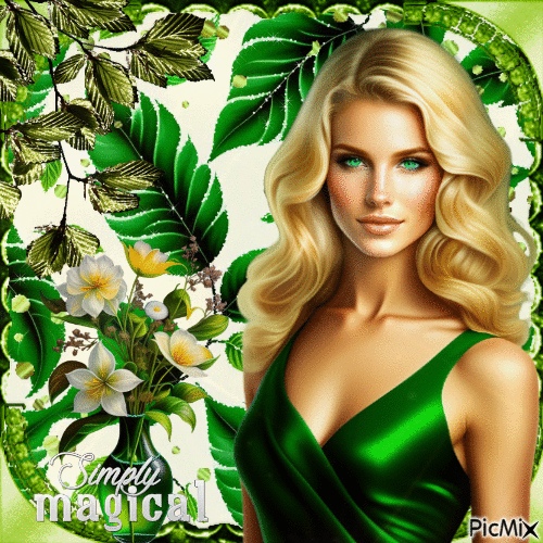 Porträt einer blonden, grün gekleideten Frau - Free animated GIF