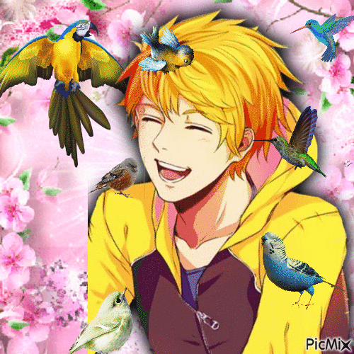 Manga boy surrounded by Birds - Gratis geanimeerde GIF
