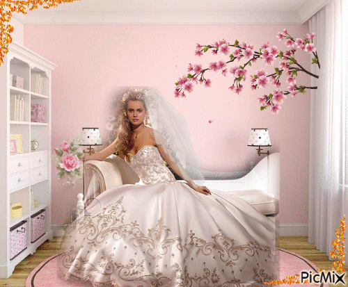 Mariée dans une chambre rose - GIF animado gratis