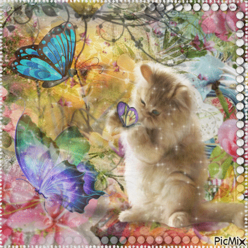 Kitten And Butterflies Covered In Flowers - GIF animado grátis