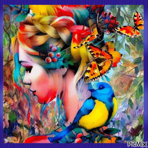 Aquarelle...femme, oiseau et papillons - 無料のアニメーション GIF