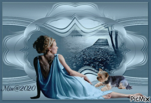 Min@-kvinna och hund vid havet - Besplatni animirani GIF