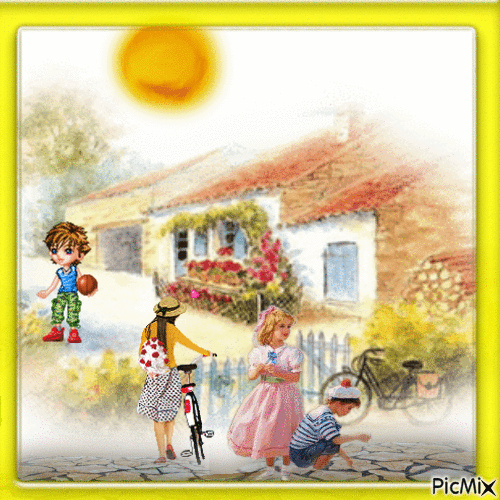 O pátio da casa e as crianças - Безплатен анимиран GIF