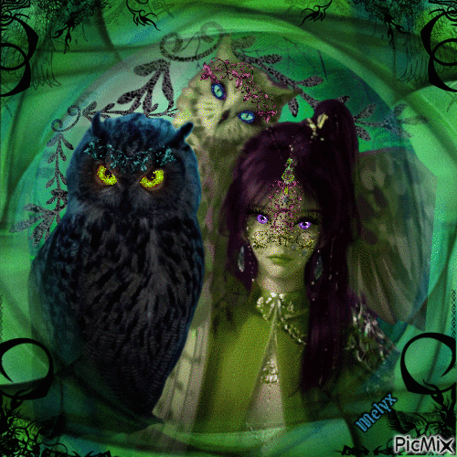 owls and lady fantasy - Zdarma animovaný GIF