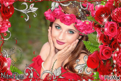 The girl with roses.🌹 - Gratis geanimeerde GIF