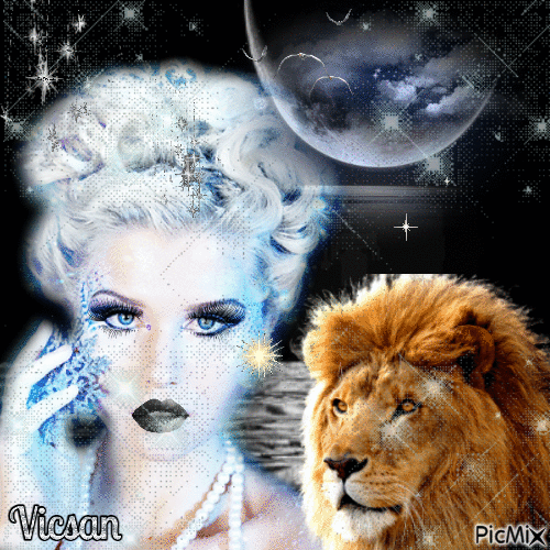 Mujer con su león a la luz de la luna - Ilmainen animoitu GIF