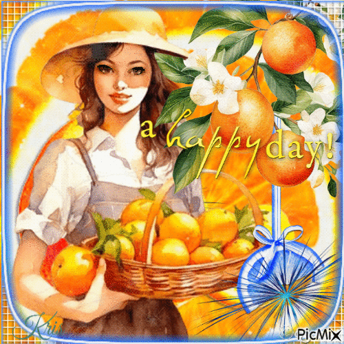 Femme avec des oranges et une touche de bleu - 免费动画 GIF