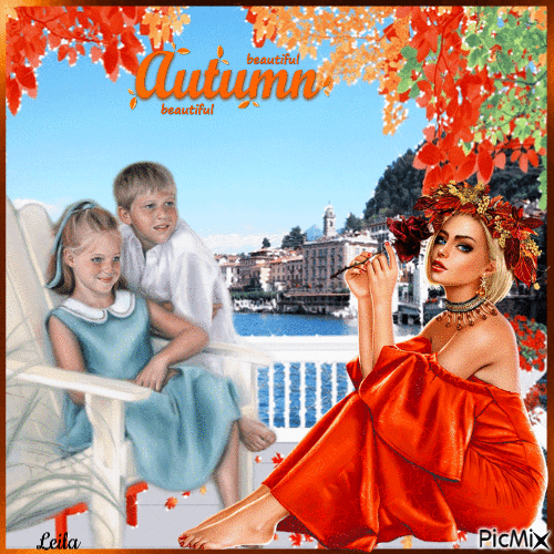 Mother with her two children. Autumn - Animovaný GIF zadarmo