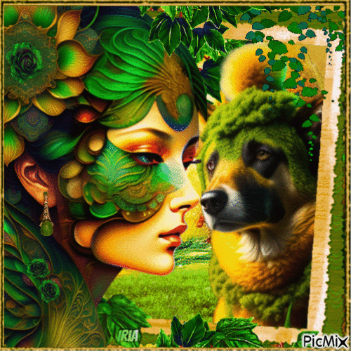 Femme fantaisie en vert et or - Gratis animerad GIF