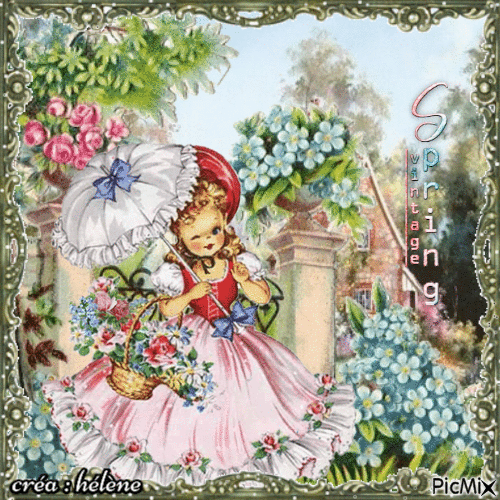 Fille du printemps dans un jardin fleuri - Vintage - 無料のアニメーション GIF