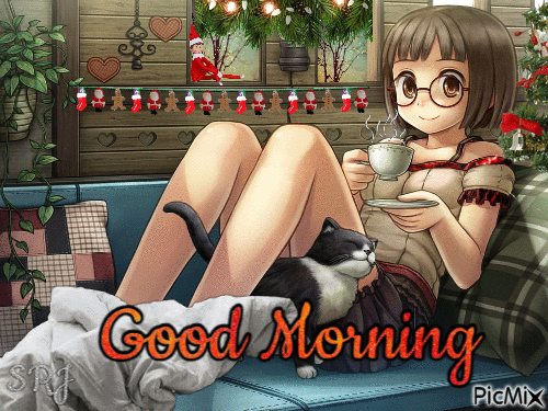 Good Morning Girl with kitten - GIF animado gratis