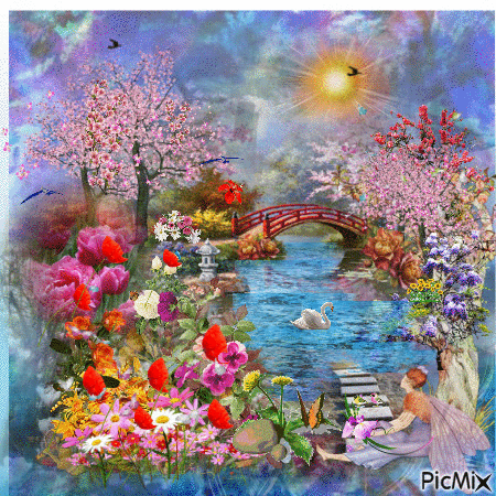 beautiful scene among the flowers, butterflies, birds, a swan and a lady looking at the view, a lot of motion and movement in picture. - GIF animado gratis