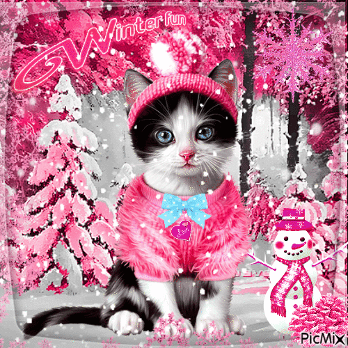 Cat in winter - Pink shades - Безплатен анимиран GIF
