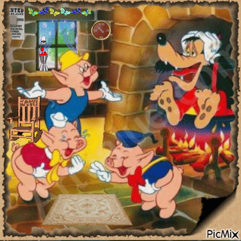 Les 3 petits cochons s'amusent avec la surprise réservée au grand Méchant Loup - Free animated GIF