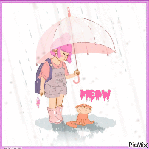 Mädchen mit Regenschirm und Katze - Gratis geanimeerde GIF