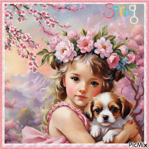 Bambino in primavera con un cane-Concorso - Бесплатный анимированный гифка