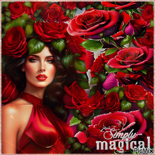 Porträt einer Frau und roter Rosen - Bezmaksas animēts GIF