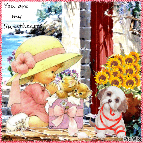 You are my sweethearts.. Girl, cats, dog - Free animated GIF