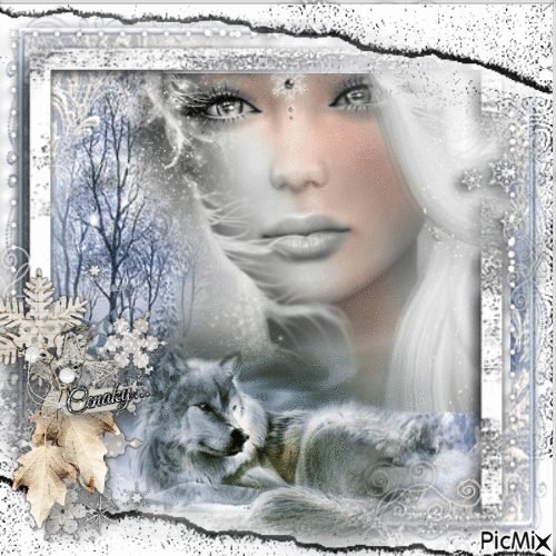 Femme et loup en hiver - Tout en blanc - GIF animé gratuit