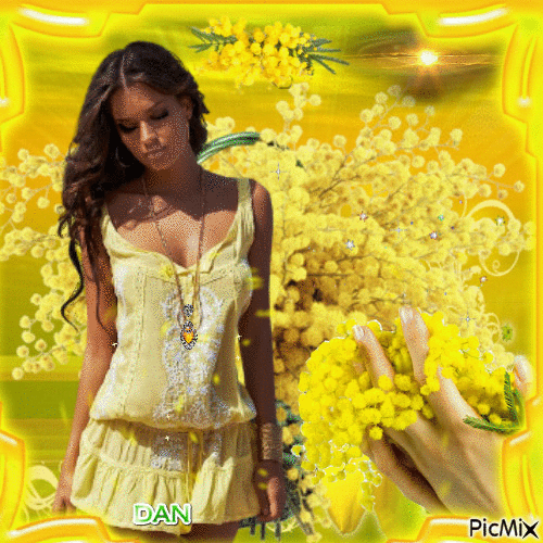 Femme en jaune et mimosas - 無料のアニメーション GIF