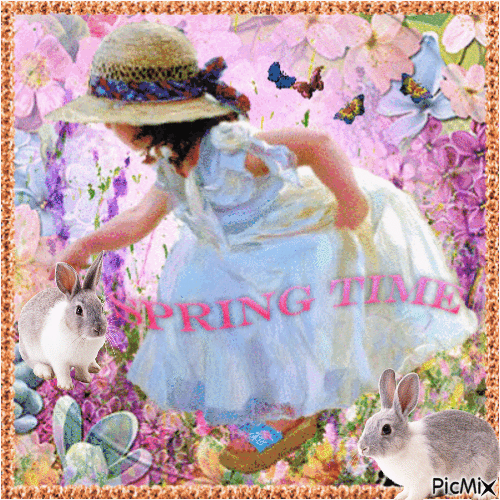 Spring Child with Rabbits - Free animated GIF