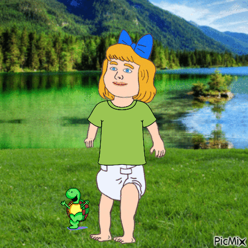 Baby and turtle near pond - Gratis animerad GIF