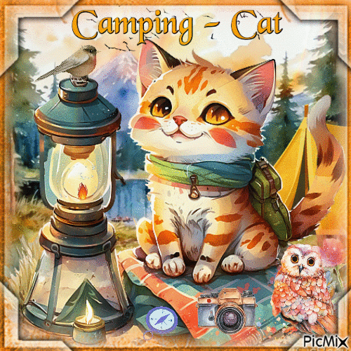 Camping - Cat - Watercolor - GIF animasi gratis