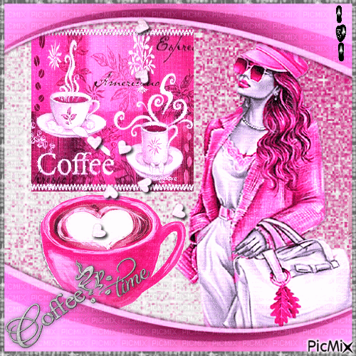 Fashionista avec café - Tons roses...  💗🖤🤍 - Zdarma animovaný GIF