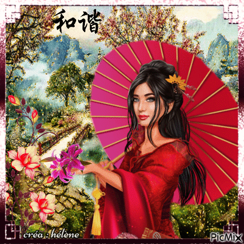 Femme asiatique avec une ombrelle - Gratis animerad GIF