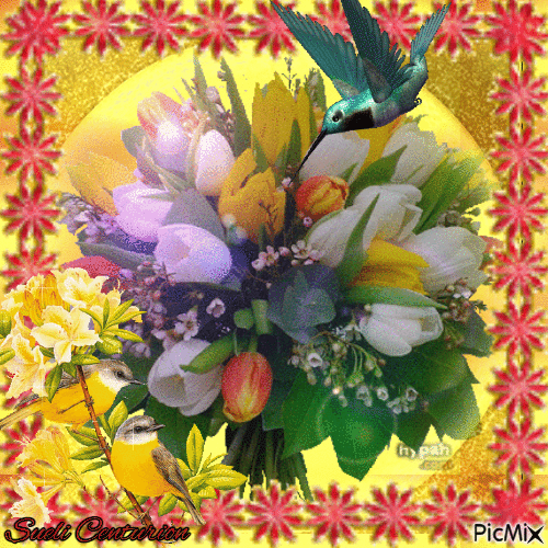 Buquê de flores e pássaro - Nemokamas animacinis gif