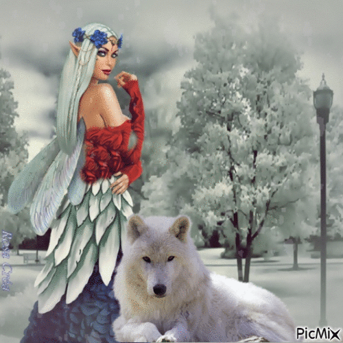 Concours : Elfe fantasy avec un loup en hiver - GIF animé gratuit
