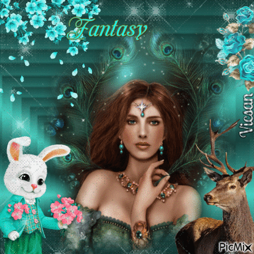 Mujer en un bosque en tonos turquesa- fantasía - Darmowy animowany GIF