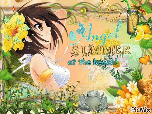 Anime girl at the beach, summer, blingee - GIF animé gratuit