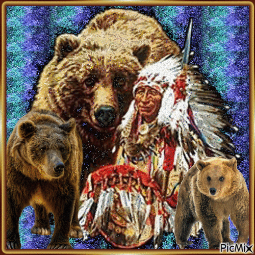 Indian in winter among the bears - Бесплатный анимированный гифка