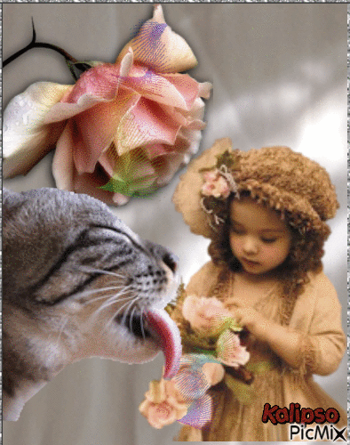 Little girl and cat - Gratis animeret GIF