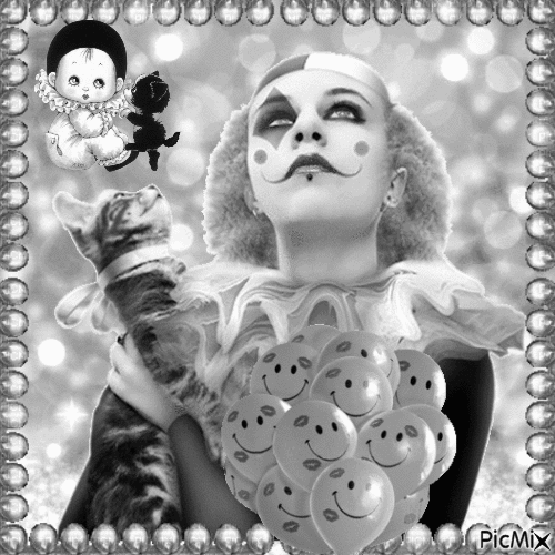 Clown Girl in Black and White - Бесплатни анимирани ГИФ