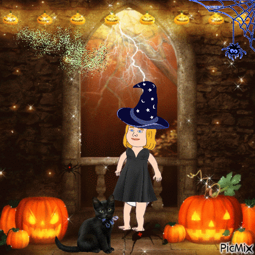 Witch baby with pumpkins and cat - GIF animé gratuit