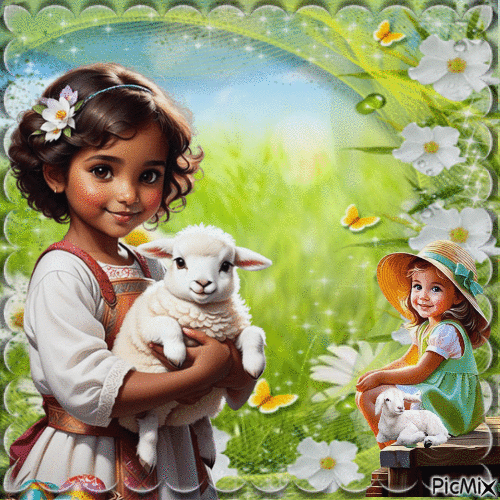 Enfants avec les moutons - GIF animado grátis