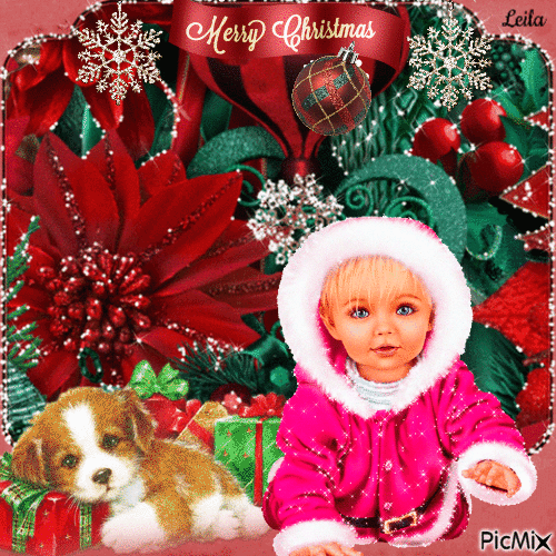 Merry Christmas. Girl and a dog - Ingyenes animált GIF