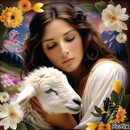 mujer con oveja - GIF animado gratis