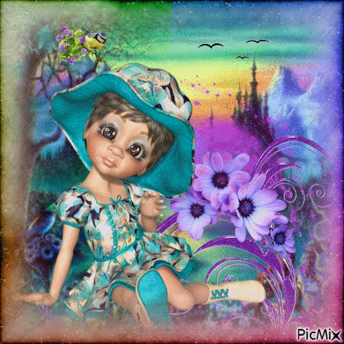 Portrait Fantasy Girl Spring Flowers Colors Hat Deco Glitter Birds - Free animated GIF
