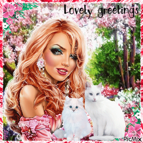 Lovely greetings. Woman with her cats - Бесплатни анимирани ГИФ
