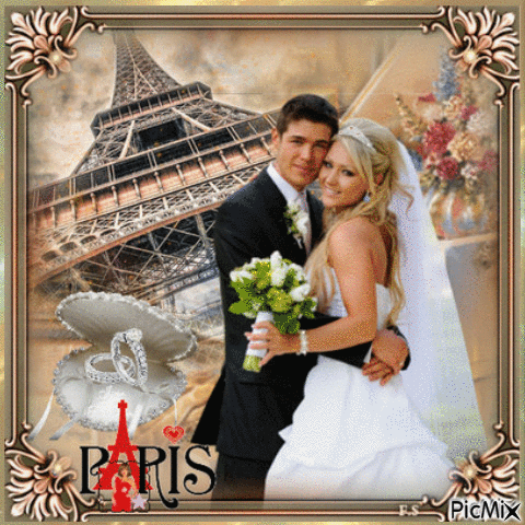💓 💓 💓 jour de mariage à Paris sur fond beige - GIF animé gratuit